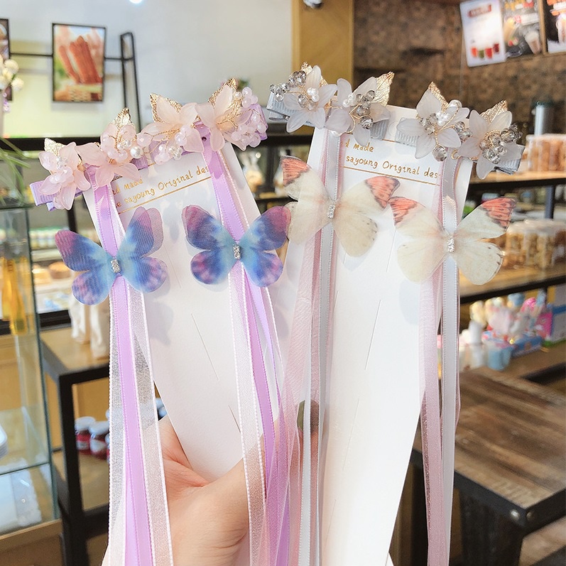 Kẹp tóc hoa bướm dây tua dài phong cách cổ trang Trung Hoa tiểu thư công chúa cho con gái