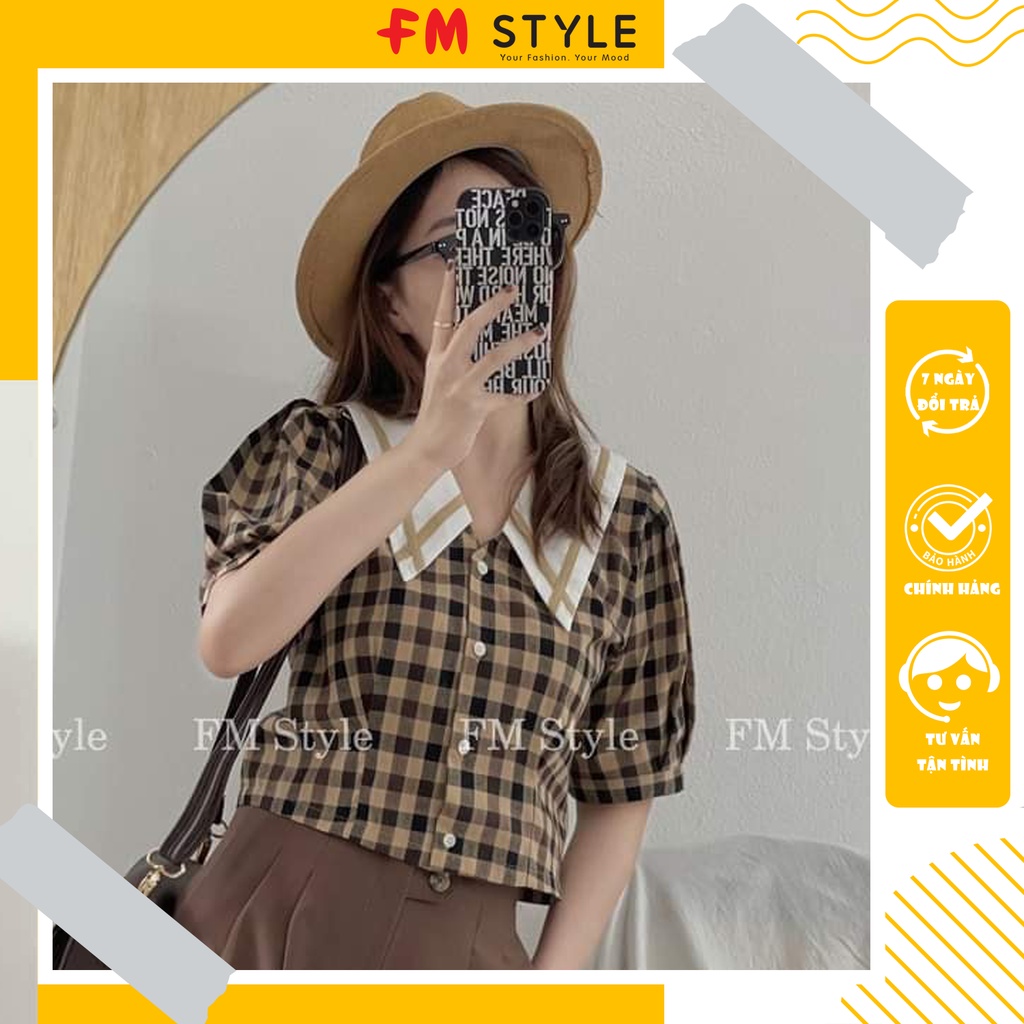 Áo kiểu FM Style họa tiết caro phối cổ nhọn viền phù hợp mùa hè, dễ phối đồ  210813310