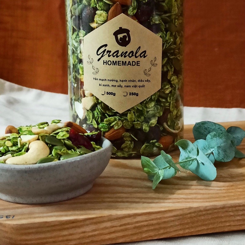 Granola Homemade Vị Matcha Nhiều Hạt - Giảm Cân, Ăn Kiêng, Dinh Dưỡng Buổi Sáng 500g + tặng thìa gỗ hương cao cấp