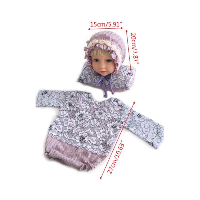 Mary☆3Pcs/set Newborn Month Photography Suits Baby Photo Props Infants Lace Cap Pillow Clothes Set