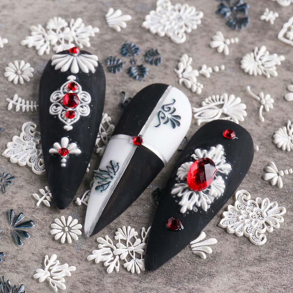 Miếng Dán Trang Trí Móng Tay 5D DIY Họa Tiết Ren Hoa Trắng Đen Đẹp Mắt