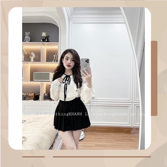SN856 SET NỮ ÁO SƠ MI TRẮNG DÀI TAY BÈO NƠ MIX CHÂN VÁY ĐEN
