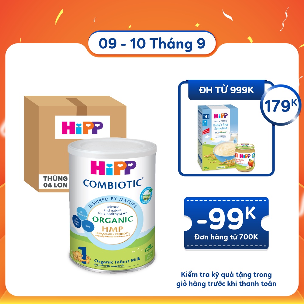 Thùng 4 lon Sữa bột dinh dưỡng công thức HiPP 1 Organic Combiotic 350g bổ sung DHA & ARA (4 lon x 350g)