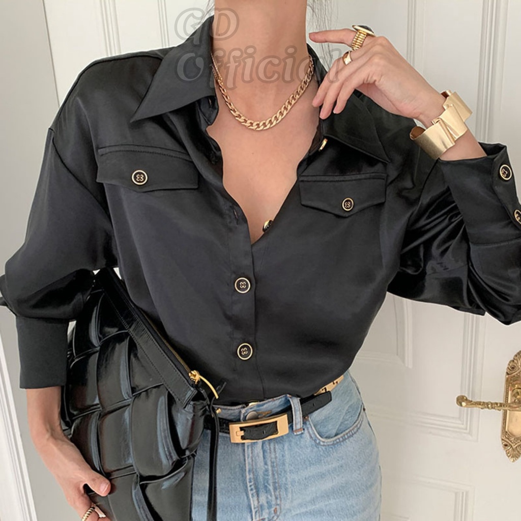 A1|Áo sơ mi nữ công sở dài tay đính nút polo rộng lụa satin, gd_order