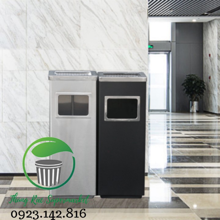 Thùng rác gạt tàn vuông màu bạc / đen
