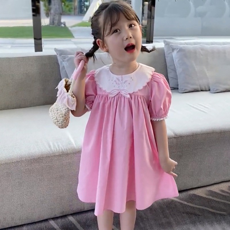 Đầm công chúa tay phồng cổ búp bê màu trơn phong cách Hàn Quốc cho bé gái