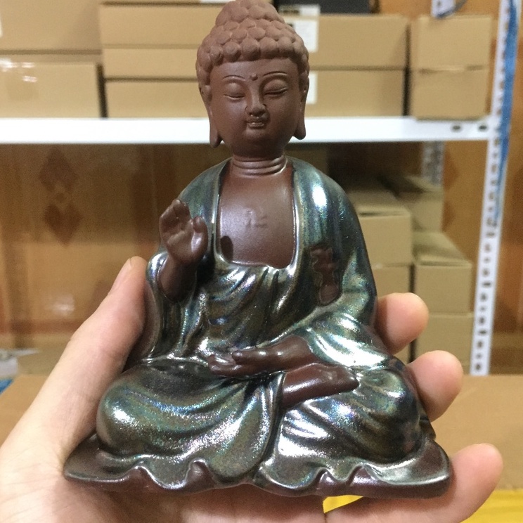 Tượng Phật Gốm A Di Đà Ban Phước Thiền Ấn- Chất liệu Gốm Sứ Men Xanh Đen