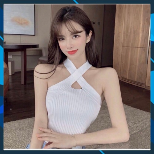 Áo 2 dây croptop dệt kim cổ yếm form ôm dây chéo bản to phong cách Hàn Quốc freesize