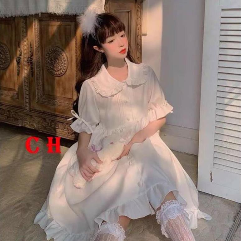 (HÀNG SẴN) VÁY BABY DOLL TRẮNG PHONG CÁCH LOLITA CỔ BẺ NƠ TAY🎎 VÁY CÔNG CHÚA DỰ TIỆC SIÊU XINH  ĐẦM DÁNG DÀI