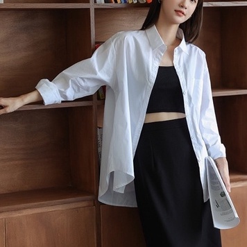 Áo sơ mi nữ from rộng tay dài cổ bẻ kiểu Hàn trẻ trung phong cách