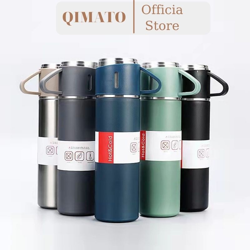 Bình nước giữ nhiệt lõi inox cao cấp tặng kèm 2 cốc sang trọng lịch sự QIMATO D2.094.DE