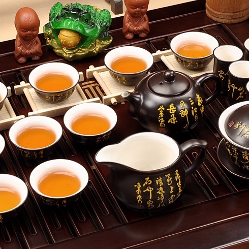 Bàn trà điện thông minh gỗ tự nhiên - Bộ bàn trà điện tử giá rẻ trạm hoa màu cánh gián ấm chén gốm sứ chữ thư pháp