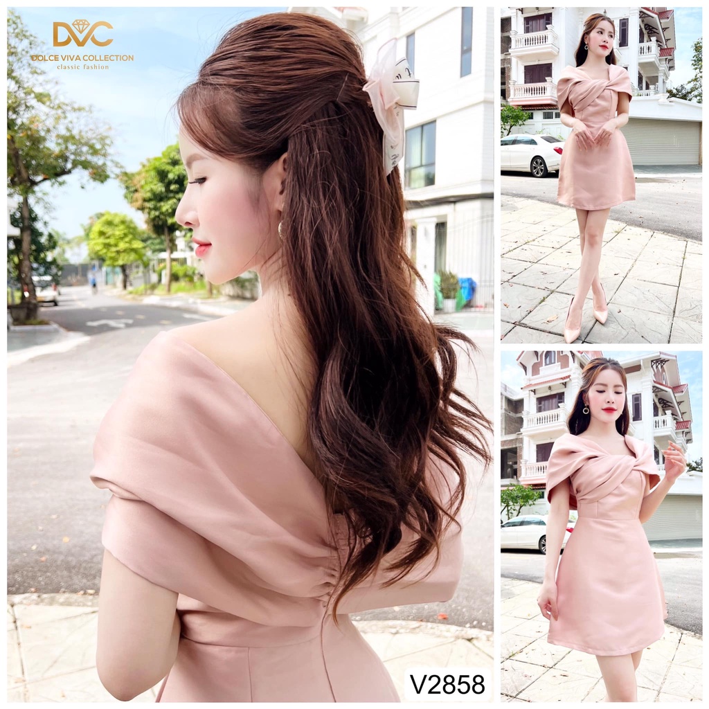 Váy tafta hồng nude dáng xòe trễ vai sang chảnh V2858