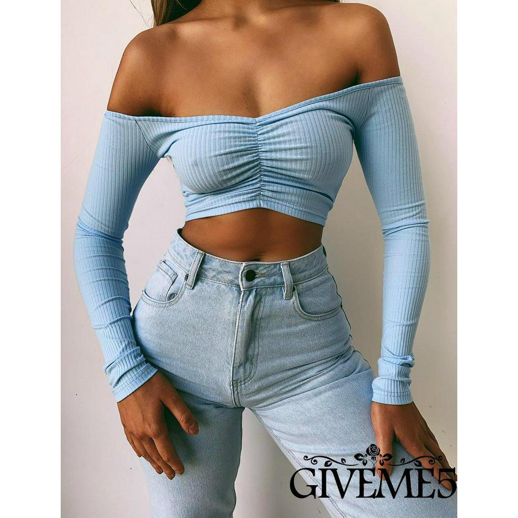 Áo Dệt Kim Tay Dài Hở Vai Gợi Cảm Cho Nữ