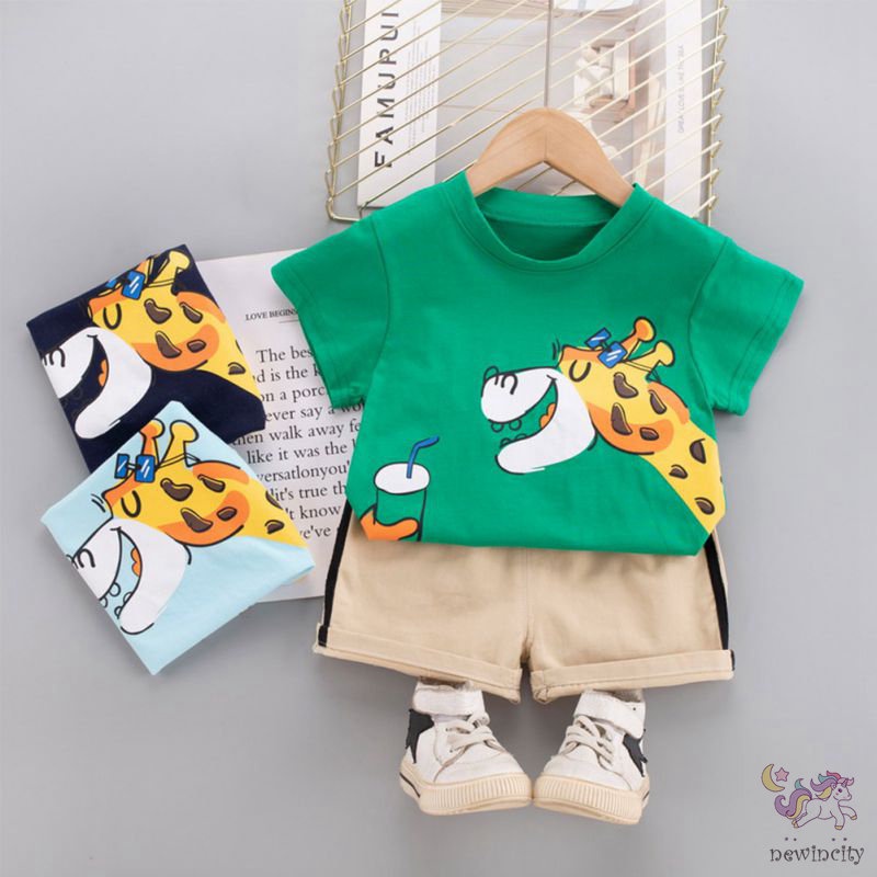 Set Đồ 2 Món Áo Thun Tay Ngắn In Họa Tiết Hoạt Hình + Quần Short Phong Cách Hàn Quốc Cho Bé Trai