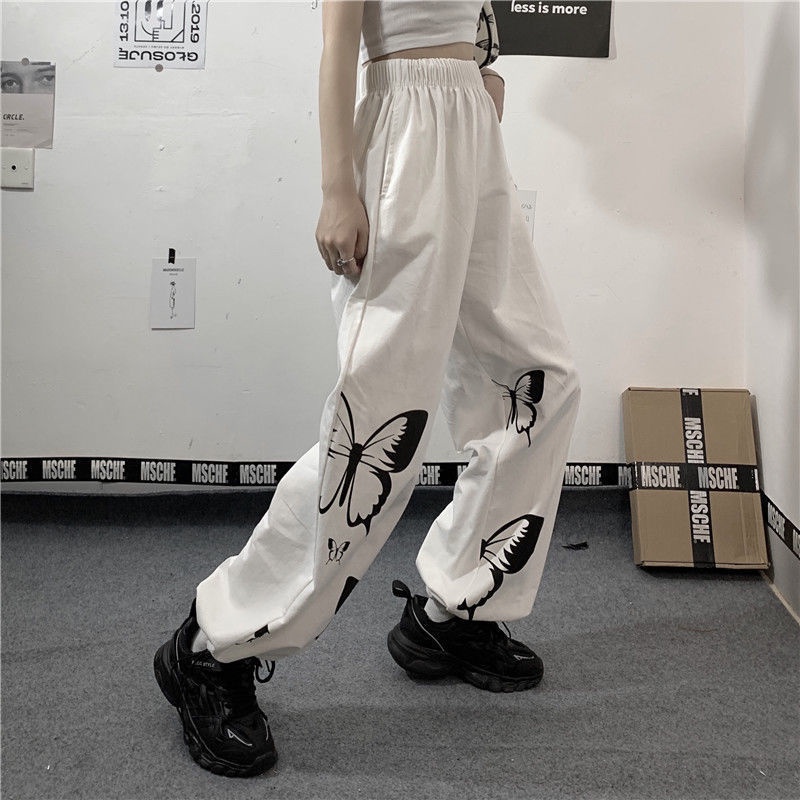 Happy-store ❤️ quần jogger nữ Bươm bướm In Họa trắng Tiết Hoạt Hình Cá Tính Phong Cách Hiphop