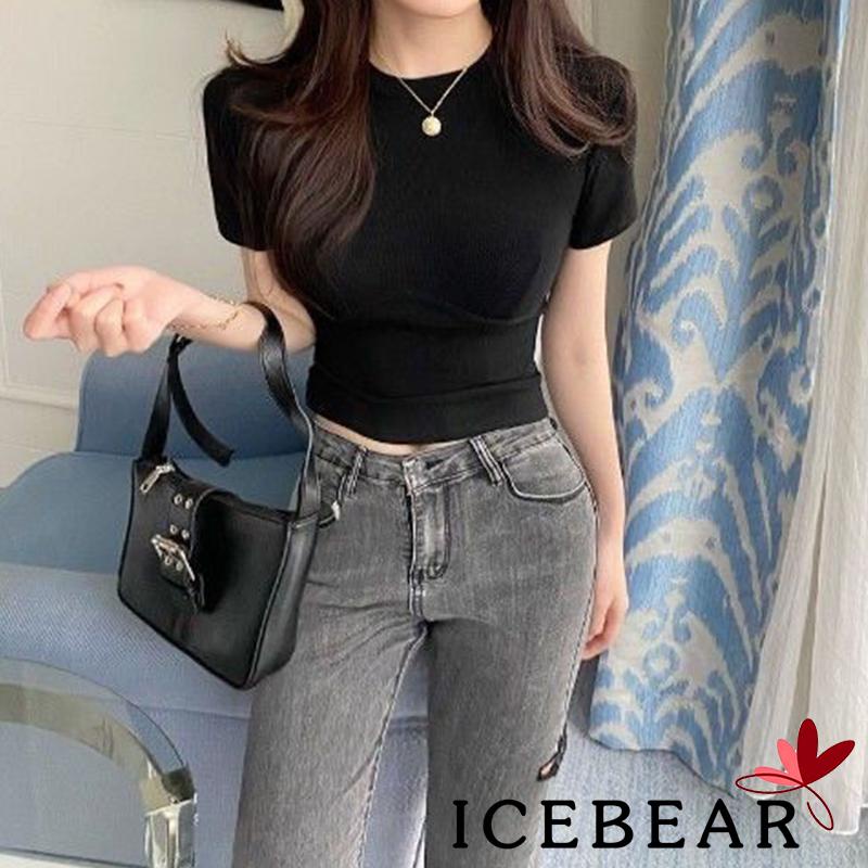 Áo Thun Crop Top Tay Ngắn Cổ Tròn Màu Sắc Trơn Thời Trang Cho Nữ