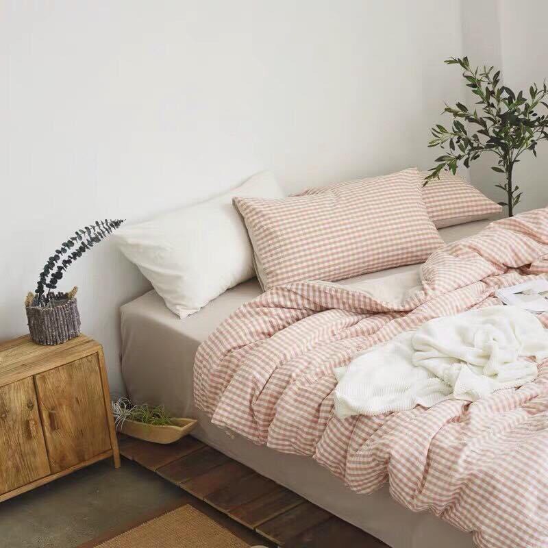 Bộ Chăn Ga Gối Cotton Poly Caro Nâu Be