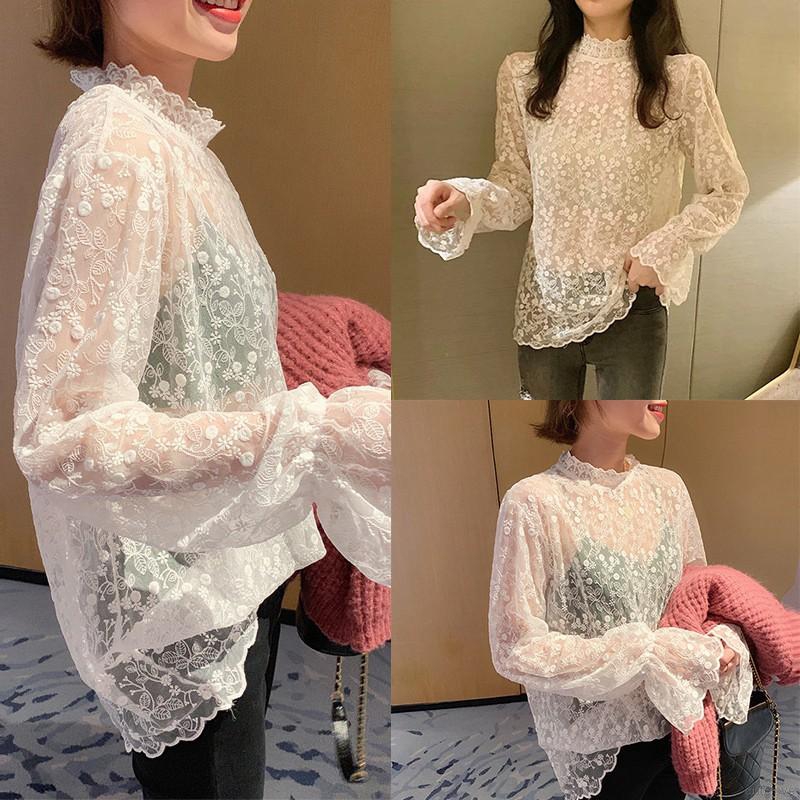 Áo kiểu tay dài phối ren thiết kế tinh tế thời trang cho nữ | BigBuy360 - bigbuy360.vn