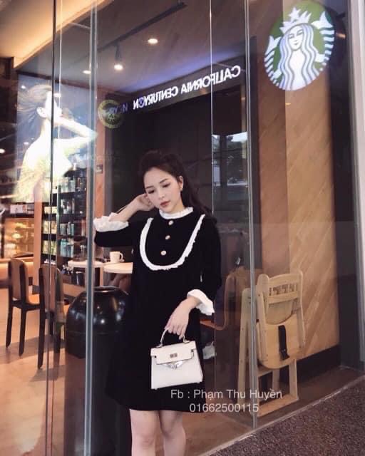 VÁY NHUNG CỔ BÈO TRẮNG SUÔNG