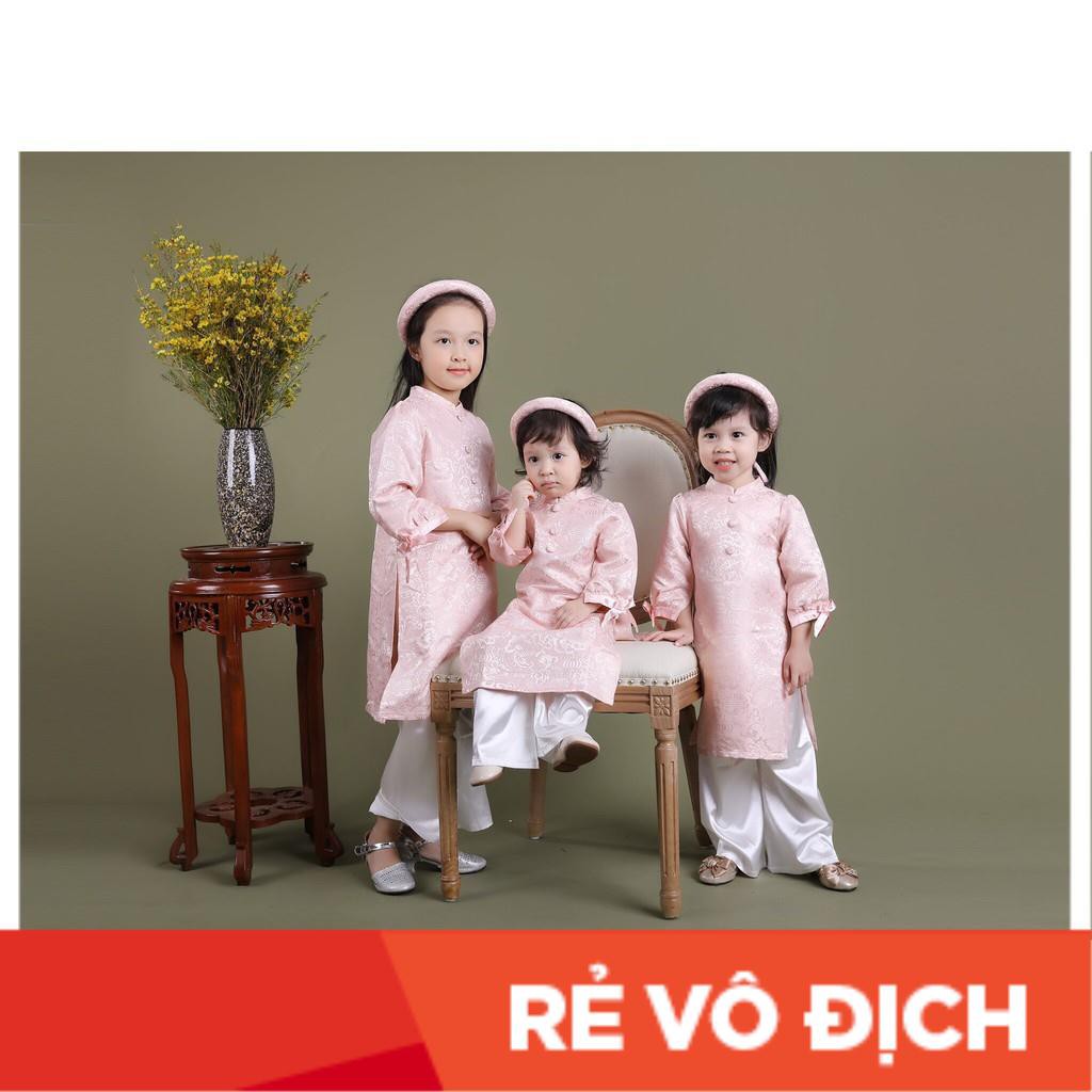 ÁO DÀI TẾT CHO BÉ - Áo dài tay nơ đính cúc ngực, kết hợp quần lụa, kèm mấn cho bé gái size 1-7T, cho bạn từ 9-22kg