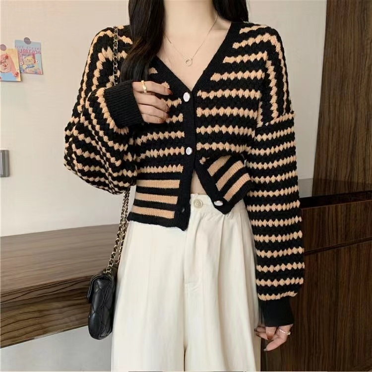 Áo Khoác Cardigan Dệt Kim Cổ Chữ V Họa Tiết Kẻ Sọc Thời Trang Mùa Thu Mới Cho Nữ