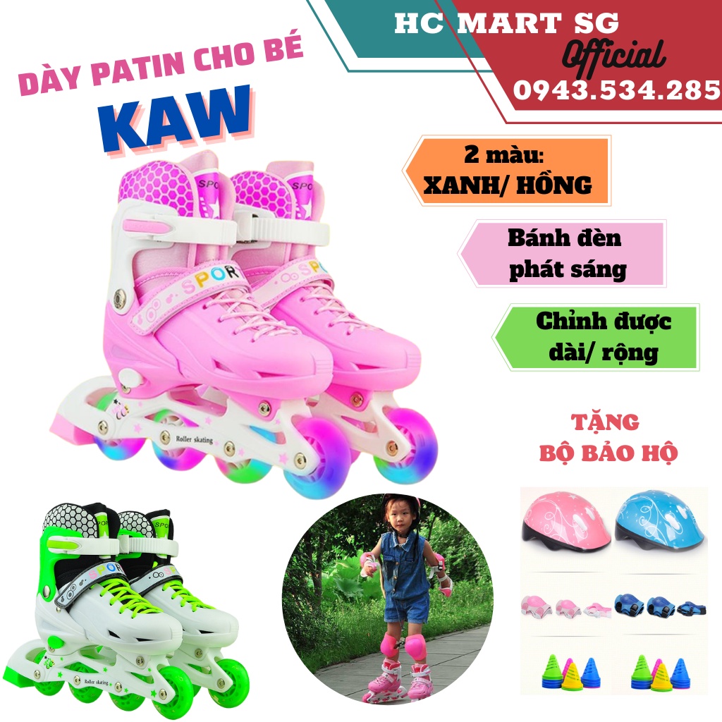 Giày patin, Giày patin trẻ em (5 đến 14 tuổi) với bánh xe phát sáng, TẶNG ĐẦU ĐỦ PHỤ KIỆN MŨ, BẢO HỘ, TRÒ CHƠI