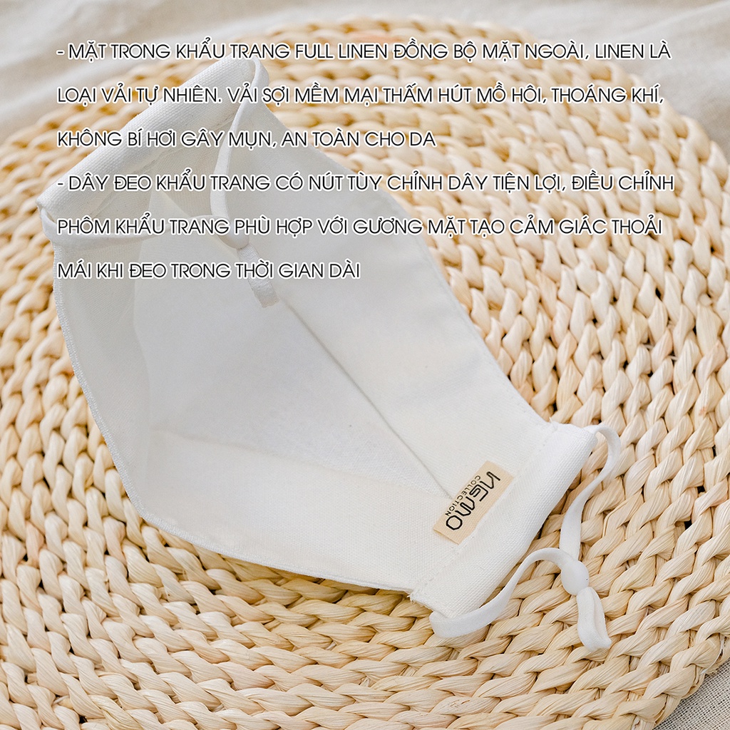 Khẩu Trang Full Linen kiểu 4D NEMO, CÓ NHIỀU MÀU, Màu Basic Thời Trang, Chống Nắng, Lọc Bụi, Thoáng Khí - KTDLN