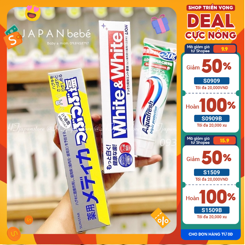 Kem đánh răng Aquafresh/Muối Sunstar/White&White Nhật Bản tuýp mẫu mới, ngăn ngừa sâu răng