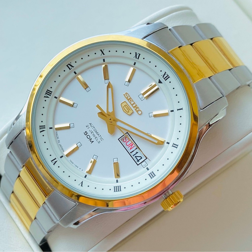 Đồng hồ Nam chính hãng Seiko 5 Automatic SNKP14J1 Size 42,Demi vàng,Mặt trắng,Lịch-Máy cơ tự động-Dây kim loại cao cấp
