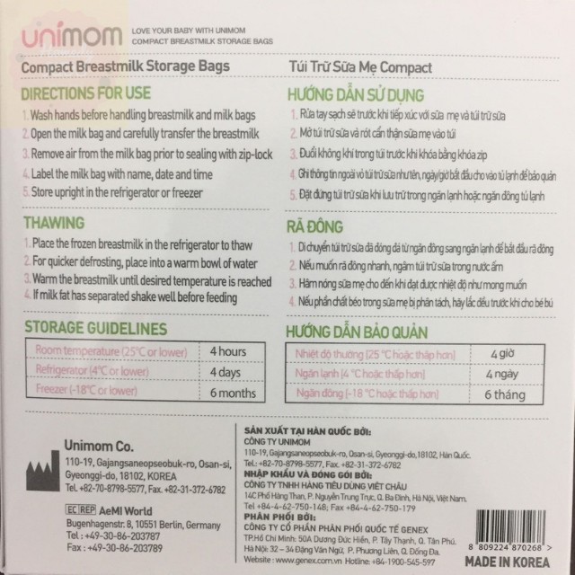 [Hàng Chính Hãng] Túi Đựng Sữa Unimom Hàn Quốc 210ml, Hộp 30 Túi Bảo Quản Sữa Mẹ Compact Không Có BPA, An Toàn, Tiện Lợi