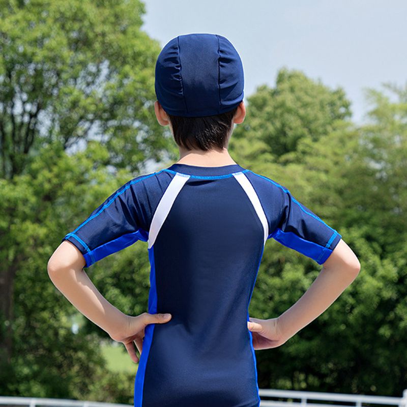 Bộ Đồ Bơi Liền Thân Tay Ngắn Kèm Mũ Bơi Chất Liệu Nhanh Khô Dành Cho Bé 5-14 Tuổi