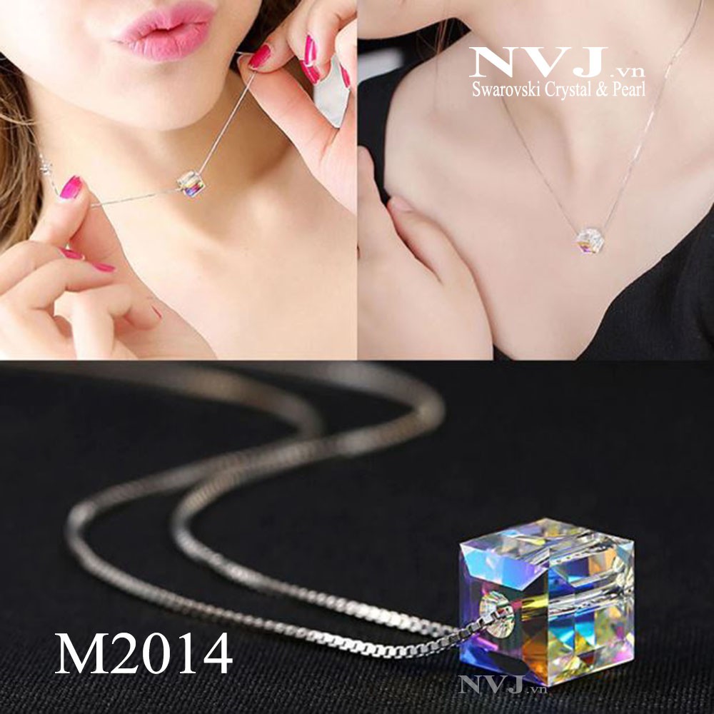 Dây chuyền Swarovski 3 hạt vuông 10, 8, 6ly crystal cube 5601 001AB, bạc 925 - phaleAo