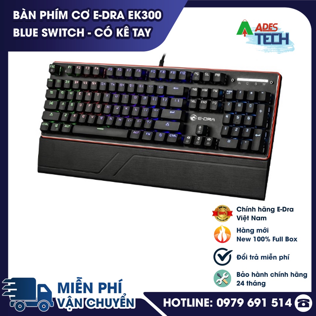 Bàn Phím Cơ EDRA EK300 - Blue Switch - CHỐNG NƯỚC - Có Kê Tay - LED RAINBOW - BH 24 tháng - CHÍNH HÃNG