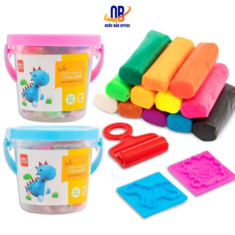 Đất nặn nhiều màu Deli - Chất liệu an toàn - có khuôn kèm - 12/24 màu - 01 hộp nhựa có quai xách - 7022