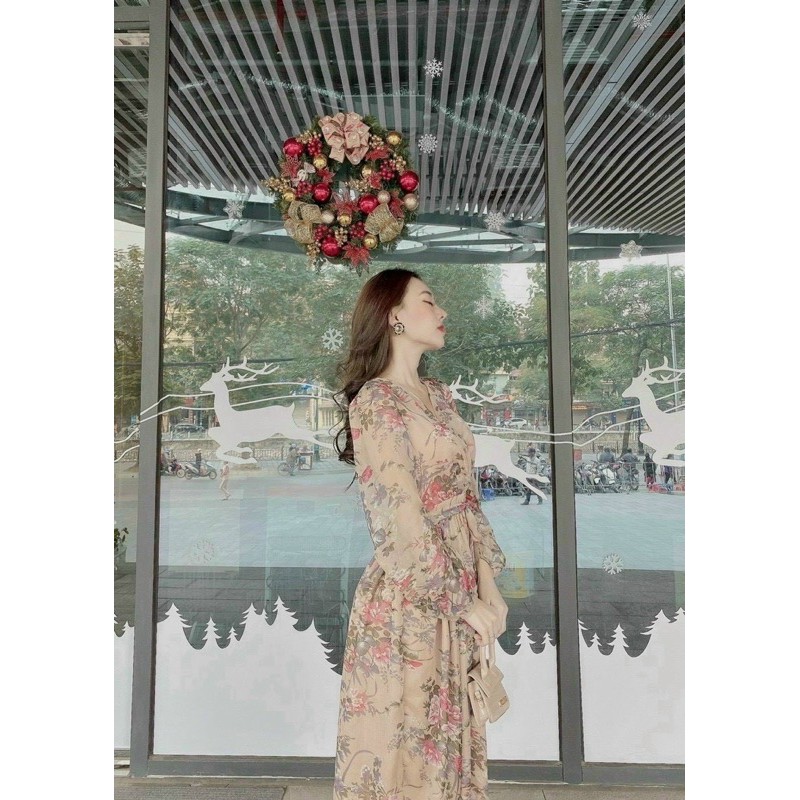 [Mã FAGREEN245 giảm 10% tối đa 30K đơn 99K] váy maxi hoa cổ v kèm dây eo | BigBuy360 - bigbuy360.vn