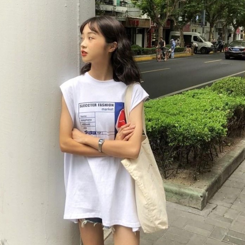 Áo Thun Sát Nách Xẻ Tà Trước Và Sau In Chữ Thời Trang Cá Tính Cho Nữ