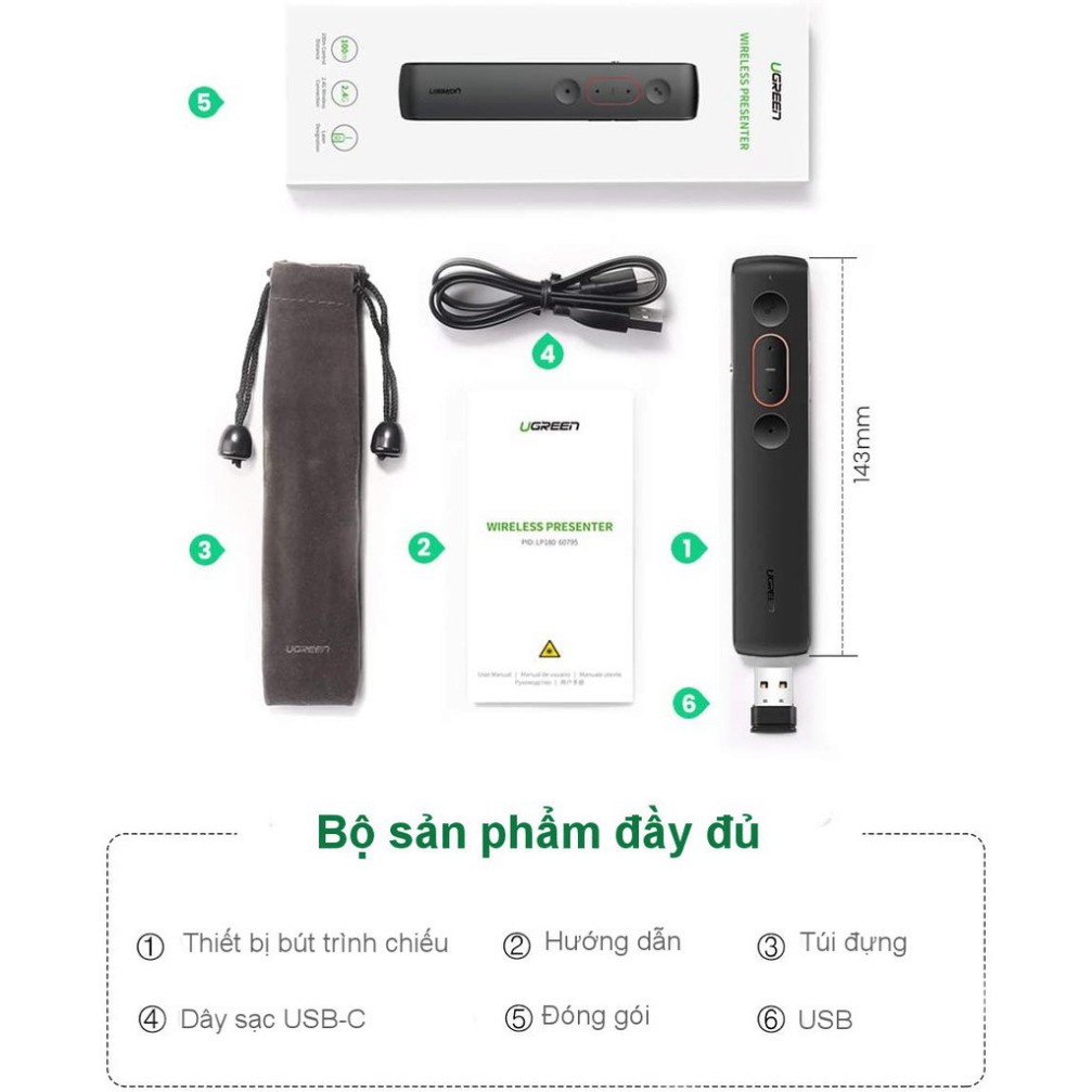 HOT- Bút trình chiếu PowerPoint Laser hãng UGREEN 60795 không dây điều khiển từ xa 100m cổng sạc USB type C, pin 300mAh