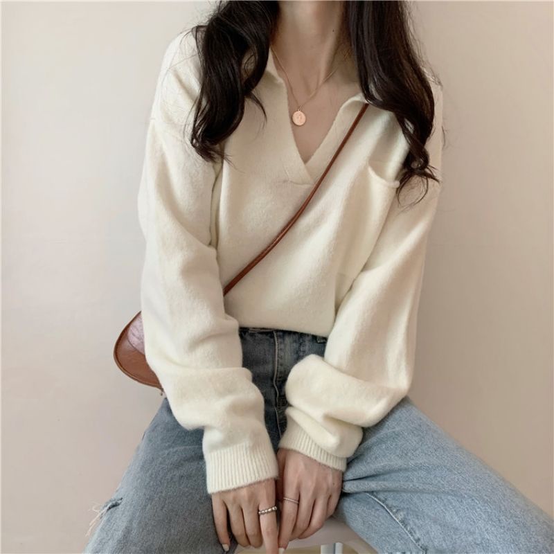 Áo sweater dệt kim cổ chữ V dáng rộng mềm mại phong cách retro