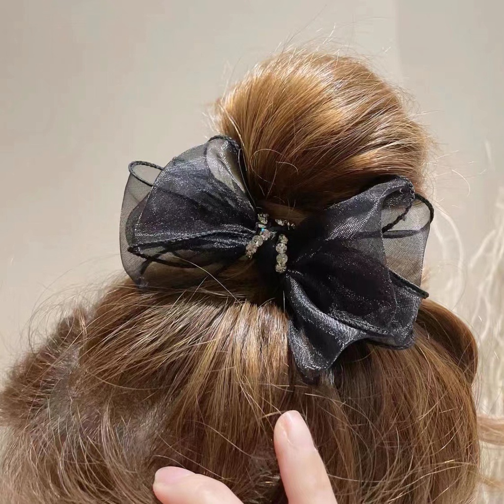 Dây Buộc Tóc Cao Su Co Giãn Đính Nơ Ren Và Ngọc Trai Thời Trang Hàn Quốc