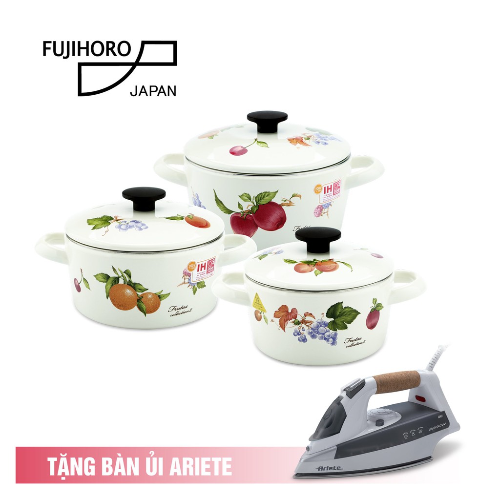 Bộ 3 nồi tráng men cao cấp Nhật Bản Fujihoro FRV-3 (16W,18W,20W) - Họa tiết Trái Cây -  Bảo hành 2 năm - Hàng chính hãng