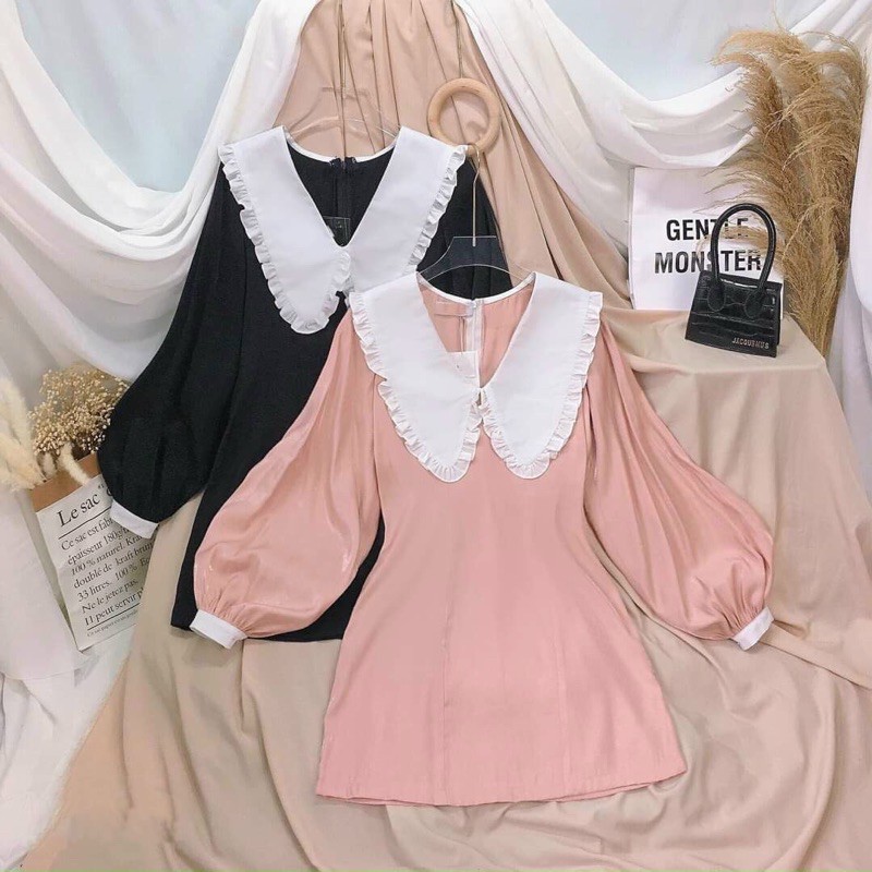 đầm ngắn tay dài cổ bẻ chữ V