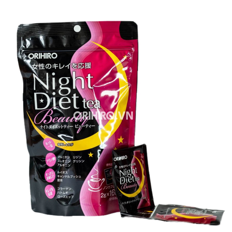 Trà giảm cân Beauty Orihiro Night Diet Tea 16 gói nội địa Nhật Bản, bổ sung collagen thủy phân, giúp da căng mịn