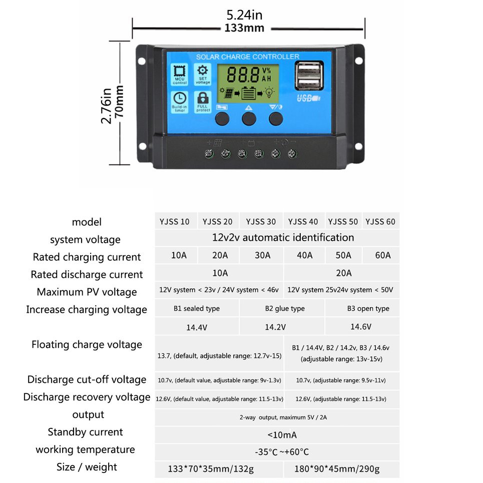 Bộ Sạc Pin Năng Lượng Mặt Trời 60a 50a 40a 30a 20a 10a 12v 24v