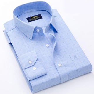 Áo Sơ Mi Nam Công Sở Trung Niên Thương Hiệu Anton Xanh Dương Dài Tay Vải Sợi Cotton Họa Tiết In Chìm - 8561