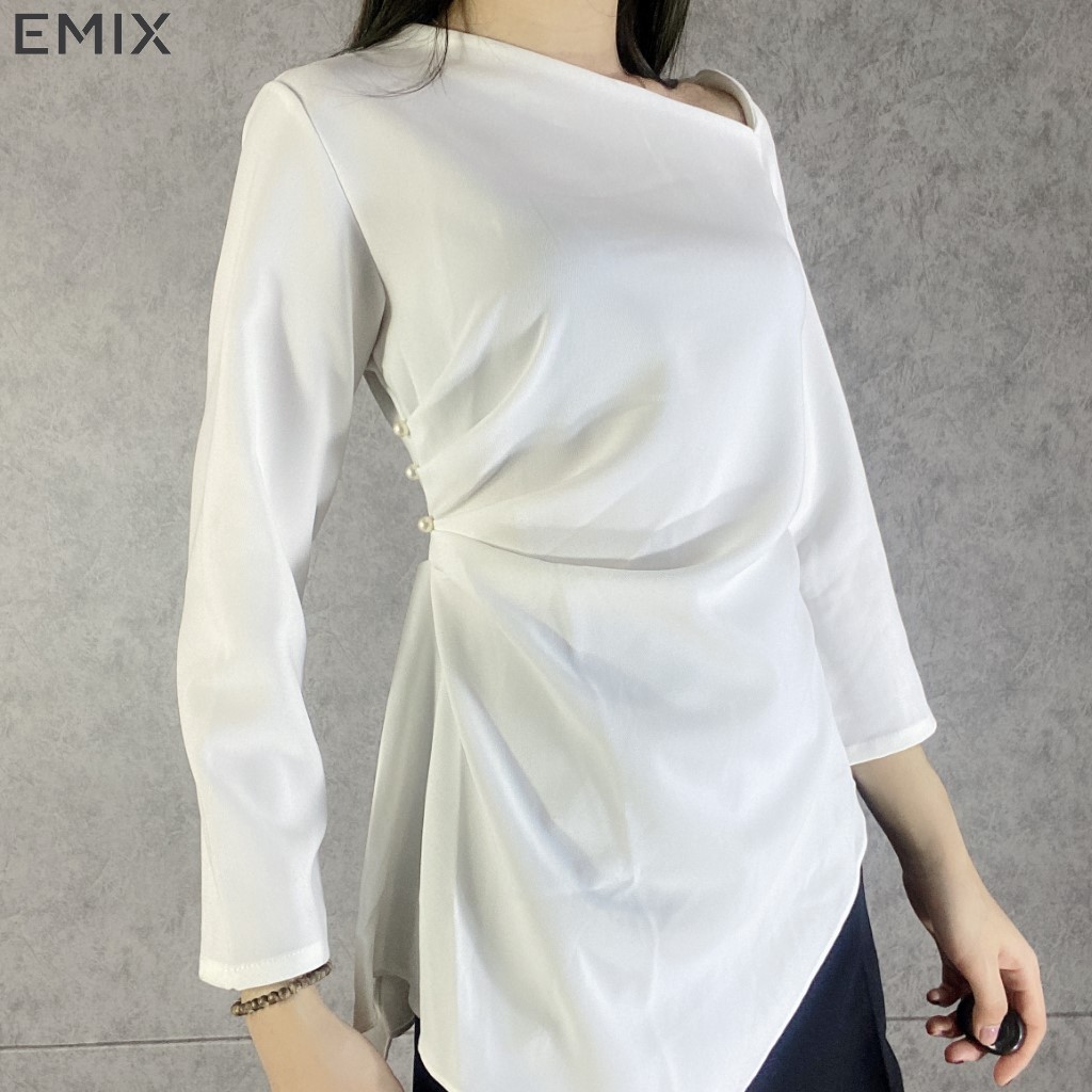 Áo lệch vai vạt chéo EMIX (màu trắng), dài tay, vạt lệch cá tính, chất thun dẻo mềm mịn, ôm eo tôn dáng a69