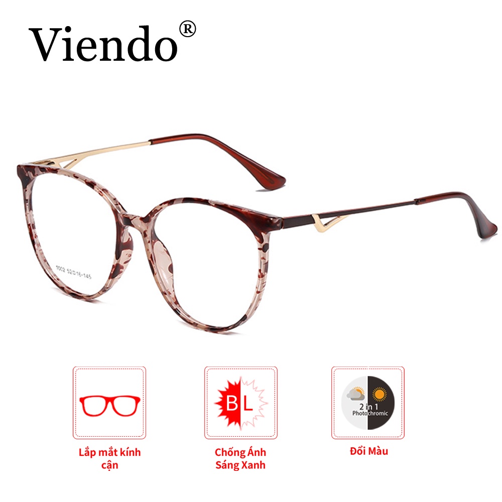 Kính cận nam nữ VIENDO mắt tròn đổi màu chống ánh sáng xanh chống tia UV màu sắc thời trang