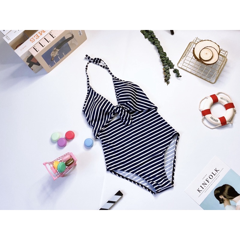 Monokini sọc ngang thắt dây ngực