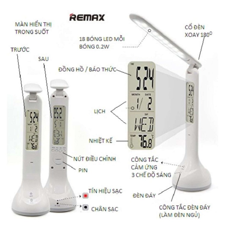 REMAX RT-E185 TIME SERIES LED: Đèn bàn LED tích điện chống cận 3 chế độ sáng - Hiển thị Ngày,Giờ,Nhiệt độ và Có báo thức