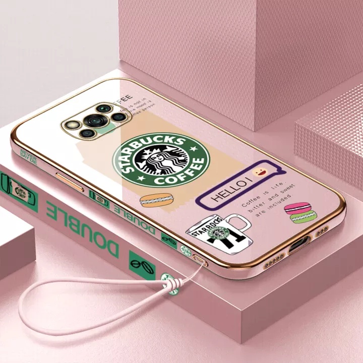 Ốp Điện Thoại Hình Vuông Mạ Chrome Họa Tiết Starbucks Cho Xiaomi POCO X3 X3PRO X3 NFC M3 Redmi 5PLUS Note5 Redmi10C 9A 9C 8 8A